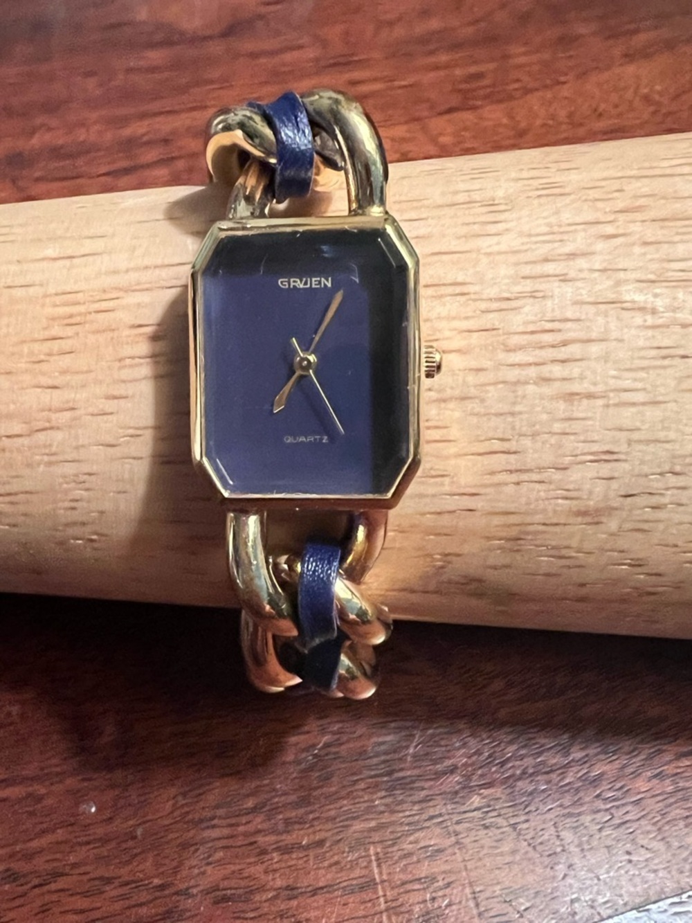 Vintage Gruen Square Blue Dial Gold toned Chain Link and Leather Bracelet Watch